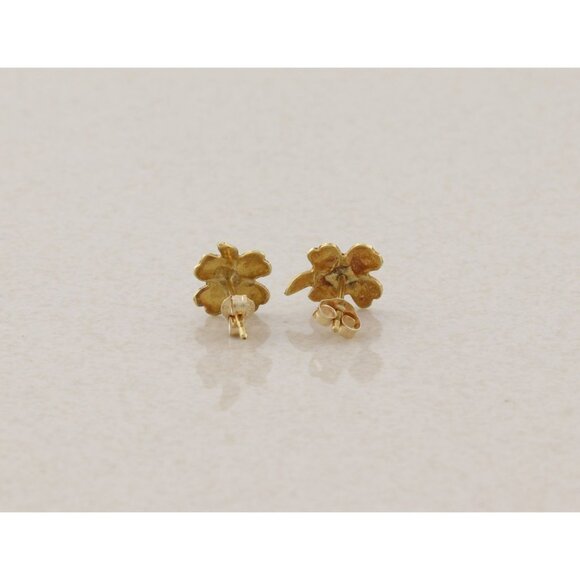 14k Yellow Gold Four Leaf Clover Earrings Stud Post 3/8" x 1/4" - Picture 2 of 9